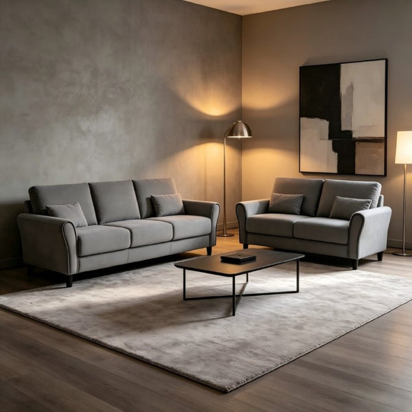 English Elm 2-Piece Mid-Century Modern Sofa and Loveseat Set with Plush Fabric Upholstery Wood Legs Gray B2735S00089
