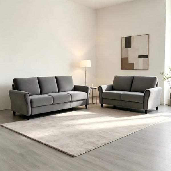 English Elm 2-Piece Mid-Century Modern Sofa and Loveseat Set with Plush Fabric Upholstery Wood Legs Gray B2735S00089