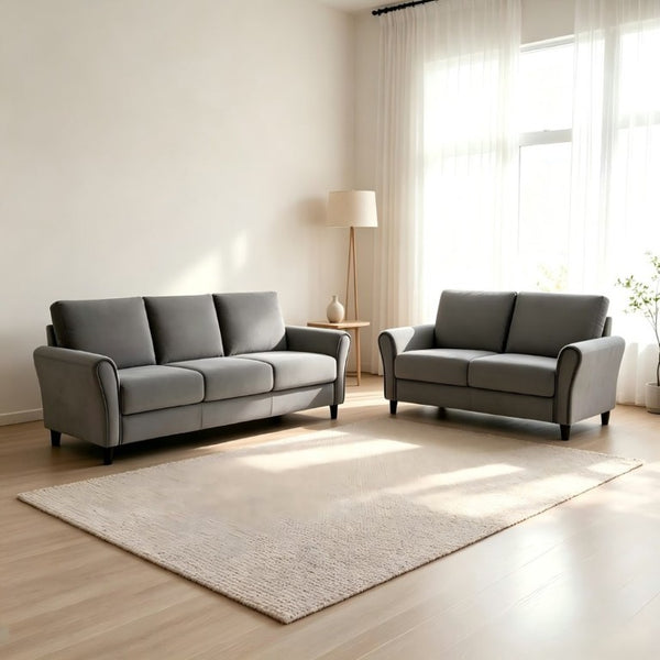 English Elm 2-Piece Mid-Century Modern Sofa and Loveseat Set with Plush Fabric Upholstery Wood Legs Gray B2735S00089