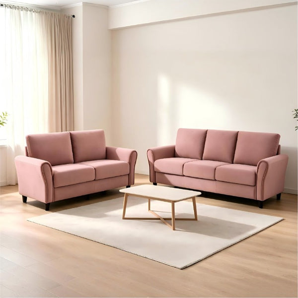 English Elm 2-Piece Mid-Century Modern Sofa and Loveseat Set with Plush Fabric Curved Arms Rose B2735S00090