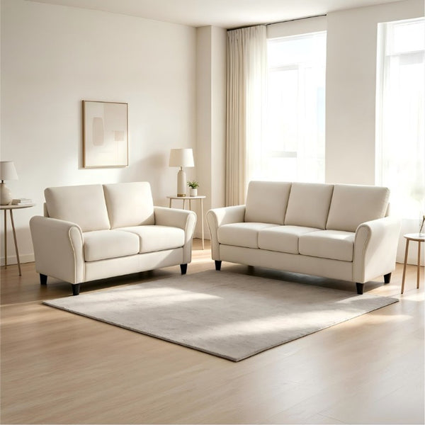 English Elm 2-Piece Mid-Century Modern Sofa and Loveseat Set with Plush Fabric Curved Arms Ivory B2735S00091