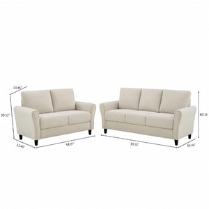 English Elm 2-Piece Mid-Century Modern Sofa and Loveseat Set with Plush Fabric Curved Arms Ivory B2735S00091