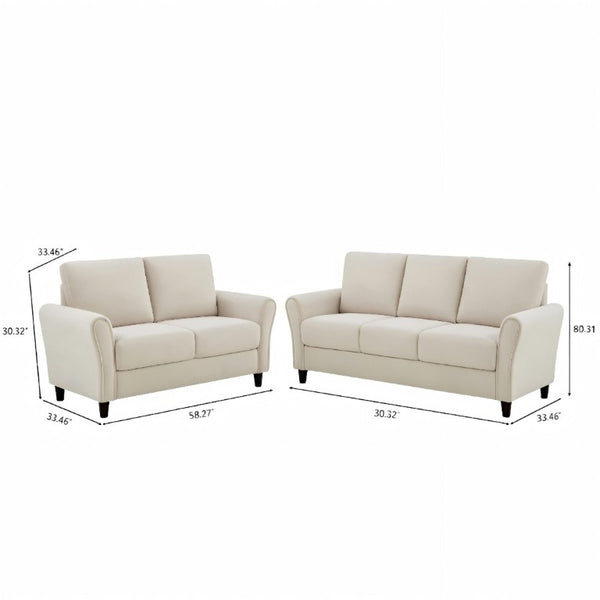 English Elm 2-Piece Mid-Century Modern Sofa and Loveseat Set with Plush Fabric Curved Arms Ivory B2735S00091