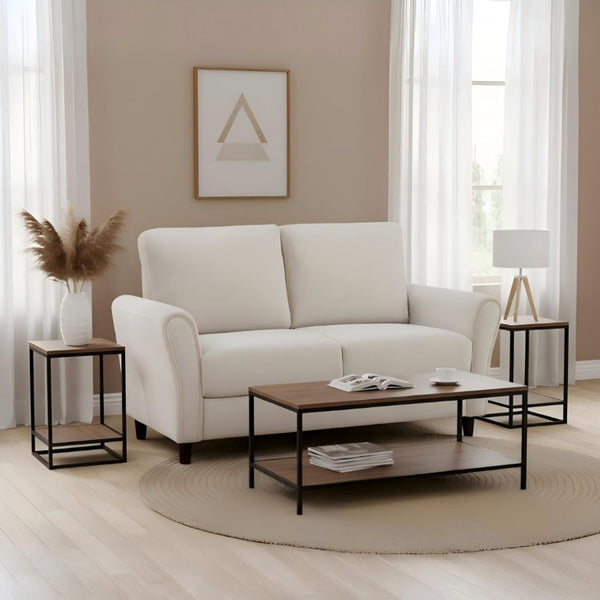 English Elm 2-Piece Mid-Century Modern Sofa and Loveseat Set with Plush Fabric Curved Arms Ivory B2735S00091