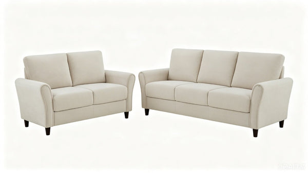 English Elm 2-Piece Mid-Century Modern Sofa and Loveseat Set with Plush Fabric Curved Arms Ivory B2735S00091