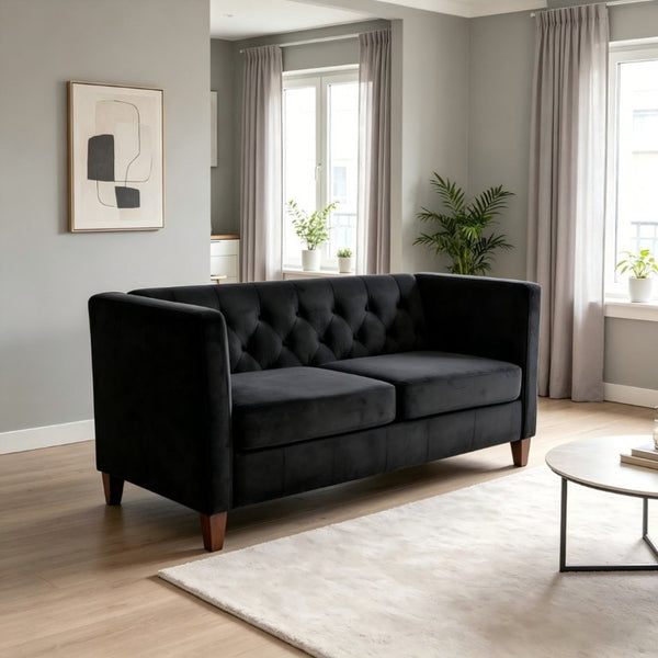English Elm Button Tufted Crushed Velvet Loveseat Mid Century Two Seat Sofa with Tapered Wood Legs Black B2735S00092