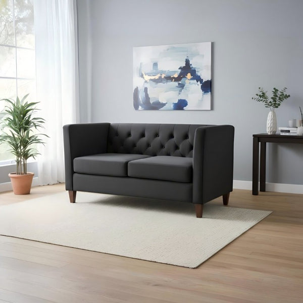 English Elm Button Tufted Crushed Velvet Loveseat Mid Century Two Seat Sofa with Tapered Wood Legs Black B2735S00092