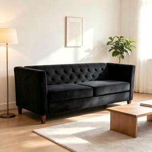 English Elm Button Tufted Crushed Velvet Loveseat Mid Century Two Seat Sofa with Tapered Wood Legs Black B2735S00092