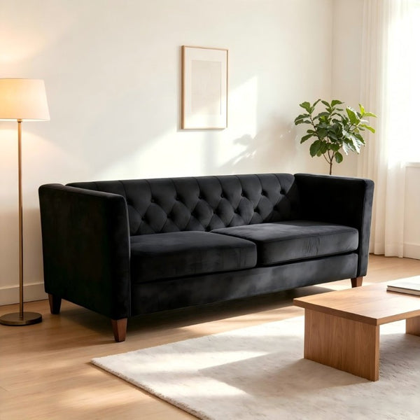 English Elm Button Tufted Crushed Velvet Loveseat Mid Century Two Seat Sofa with Tapered Wood Legs Black B2735S00092