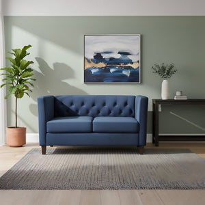 English Elm Button Tufted Crushed Velvet Loveseat Mid Century Two Seat Sofa with Tapered Wood Legs Dark Blue B2735S00093