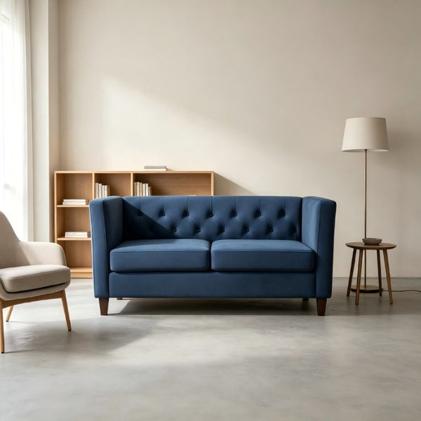 English Elm Button Tufted Crushed Velvet Loveseat Mid Century Two Seat Sofa with Tapered Wood Legs Dark Blue B2735S00093