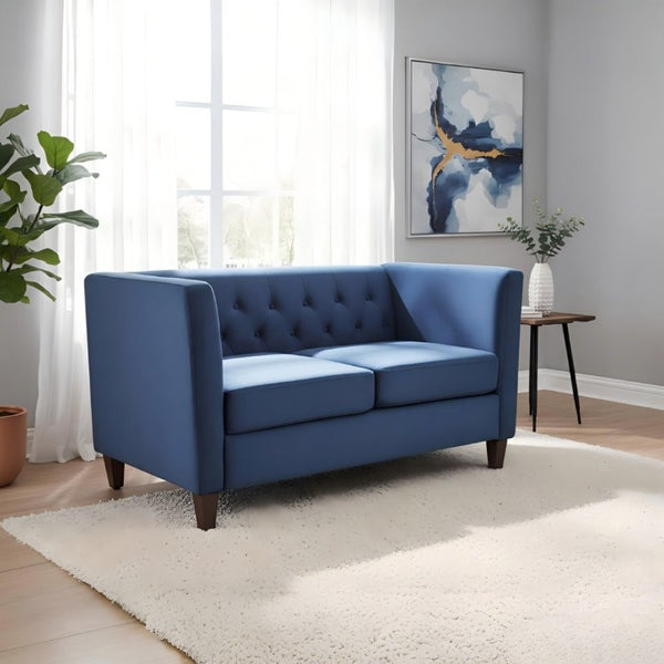 English Elm Button Tufted Crushed Velvet Loveseat Mid Century Two Seat Sofa with Tapered Wood Legs Dark Blue B2735S00093