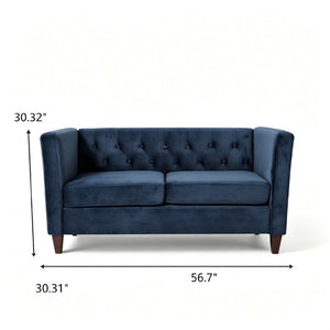English Elm Button Tufted Crushed Velvet Loveseat Mid Century Two Seat Sofa with Tapered Wood Legs Dark Blue B2735S00093