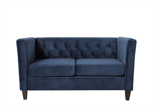 English Elm Button Tufted Crushed Velvet Loveseat Mid Century Two Seat Sofa with Tapered Wood Legs Dark Blue B2735S00093