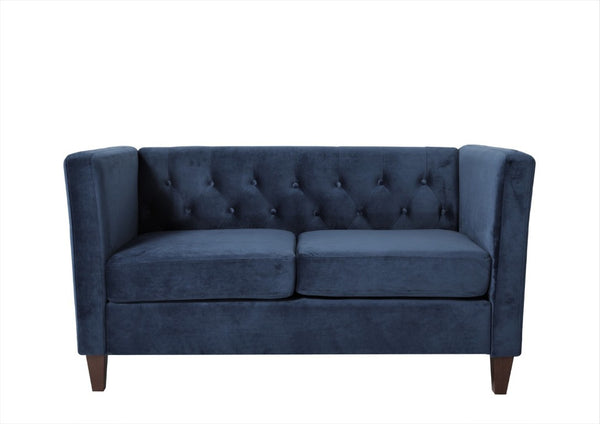 English Elm Button Tufted Crushed Velvet Loveseat Mid Century Two Seat Sofa with Tapered Wood Legs Dark Blue B2735S00093