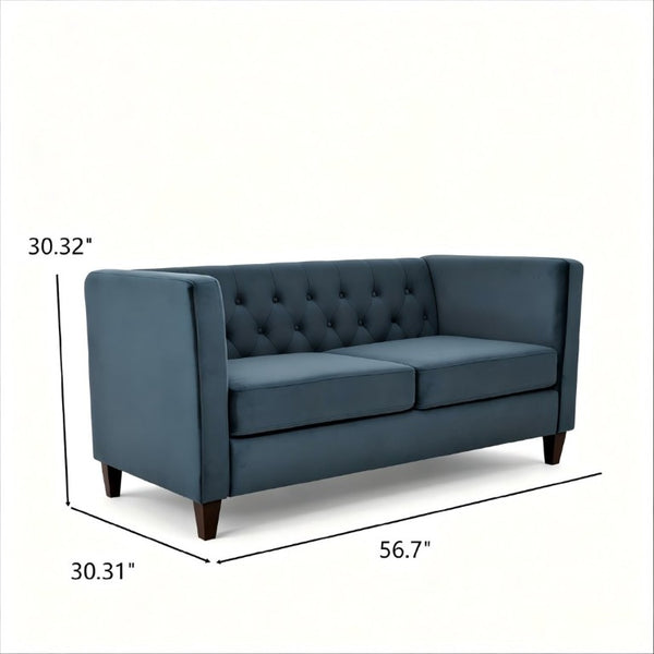 English Elm Button Tufted Crushed Velvet Loveseat Mid Century Two Seat Sofa with Tapered Wood Legs Navy Blue B2735S00095
