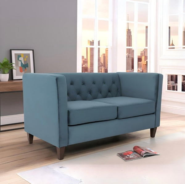 English Elm Button Tufted Crushed Velvet Loveseat Mid Century Two Seat Sofa with Tapered Wood Legs Navy Blue B2735S00095