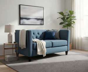 English Elm Button Tufted Crushed Velvet Loveseat Mid Century Two Seat Sofa with Tapered Wood Legs Navy Blue B2735S00095