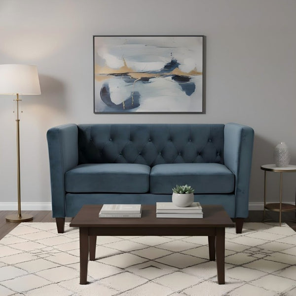 English Elm Button Tufted Crushed Velvet Loveseat Mid Century Two Seat Sofa with Tapered Wood Legs Navy Blue B2735S00095