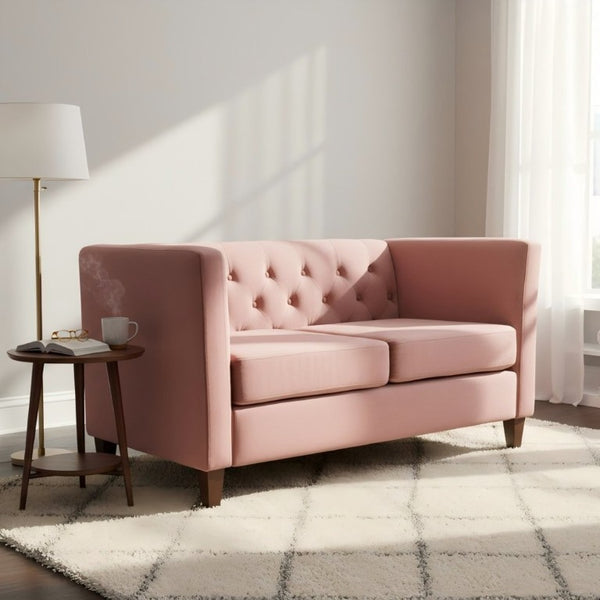 English Elm Button Tufted Crushed Velvet Loveseat Mid Century Two Seat Sofa with Tapered Wood Legs Rose B2735S00096