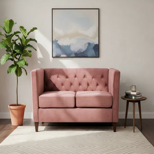 English Elm Button Tufted Crushed Velvet Loveseat Mid Century Two Seat Sofa with Tapered Wood Legs Rose B2735S00096