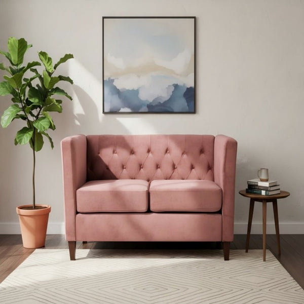 English Elm Button Tufted Crushed Velvet Loveseat Mid Century Two Seat Sofa with Tapered Wood Legs Rose B2735S00096