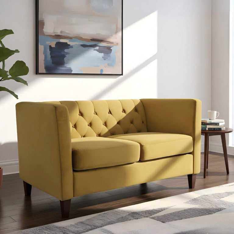 English Elm Button Tufted Crushed Velvet Loveseat Mid Century Two Seat Sofa with Tapered Wood Legs Mustard Yellow B2735S00097