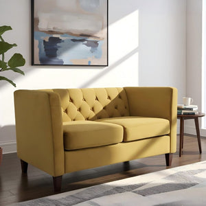 English Elm Button Tufted Crushed Velvet Loveseat Mid Century Two Seat Sofa with Tapered Wood Legs Mustard Yellow B2735S00097