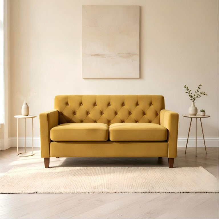English Elm Button Tufted Crushed Velvet Loveseat Mid Century Two Seat Sofa with Tapered Wood Legs Mustard Yellow B2735S00097