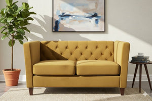 English Elm Button Tufted Crushed Velvet Loveseat Mid Century Two Seat Sofa with Tapered Wood Legs Mustard Yellow B2735S00097