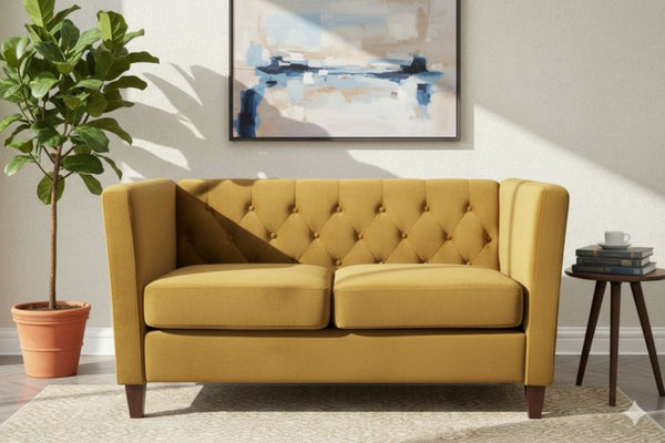 English Elm Button Tufted Crushed Velvet Loveseat Mid Century Two Seat Sofa with Tapered Wood Legs Mustard Yellow B2735S00097