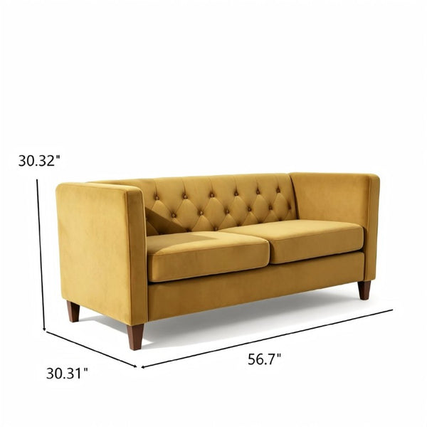 English Elm Button Tufted Crushed Velvet Loveseat Mid Century Two Seat Sofa with Tapered Wood Legs Mustard Yellow B2735S00097
