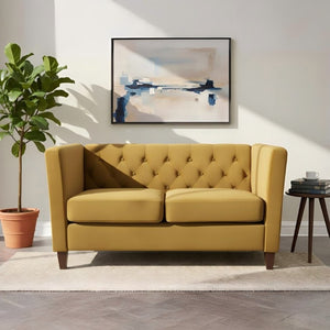English Elm Button Tufted Crushed Velvet Loveseat Mid Century Two Seat Sofa with Tapered Wood Legs Mustard Yellow B2735S00097