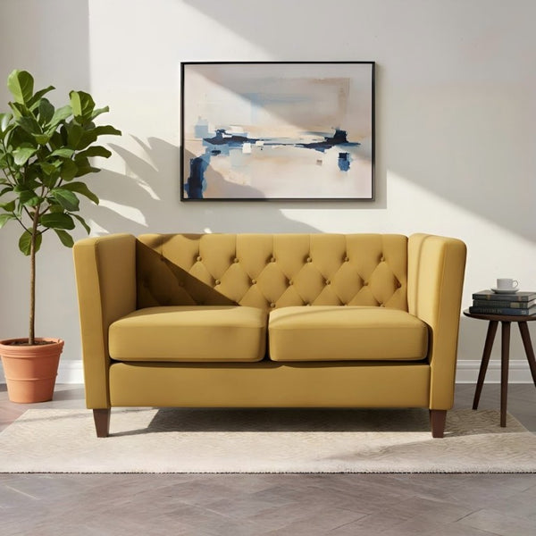 English Elm Button Tufted Crushed Velvet Loveseat Mid Century Two Seat Sofa with Tapered Wood Legs Mustard Yellow B2735S00097