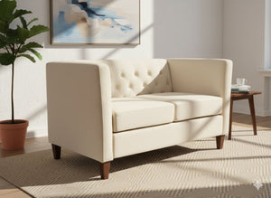 English Elm Button Tufted Crushed Velvet Loveseat Mid Century Two Seat Sofa with Tapered Wood Legs Ivory B2735S00098