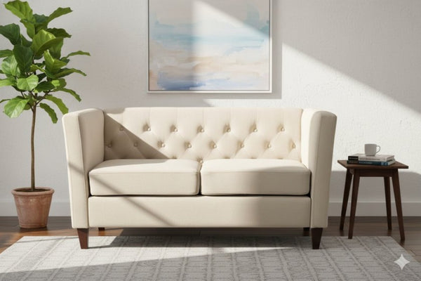 English Elm Button Tufted Crushed Velvet Loveseat Mid Century Two Seat Sofa with Tapered Wood Legs Ivory B2735S00098