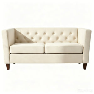 English Elm Button Tufted Crushed Velvet Loveseat Mid Century Two Seat Sofa with Tapered Wood Legs Ivory B2735S00098