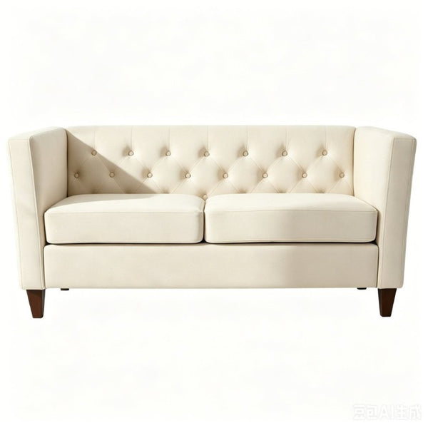 English Elm Button Tufted Crushed Velvet Loveseat Mid Century Two Seat Sofa with Tapered Wood Legs Ivory B2735S00098