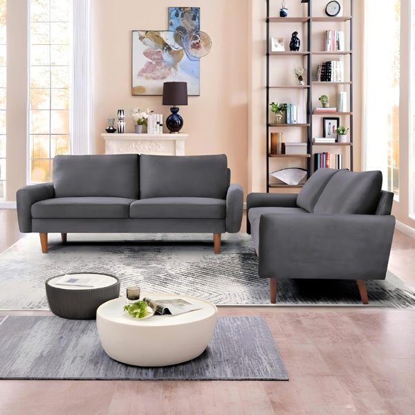 English Elm 2 Piece Velvet Sofa and Loveseat Set with Tapered Wood Legs for Modern Living Rooms Gray B2735S00100