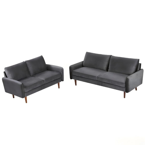 English Elm 2 Piece Velvet Sofa and Loveseat Set with Tapered Wood Legs for Modern Living Rooms Gray B2735S00100