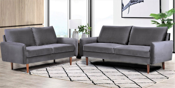 English Elm 2 Piece Velvet Sofa and Loveseat Set with Tapered Wood Legs for Modern Living Rooms Gray B2735S00100
