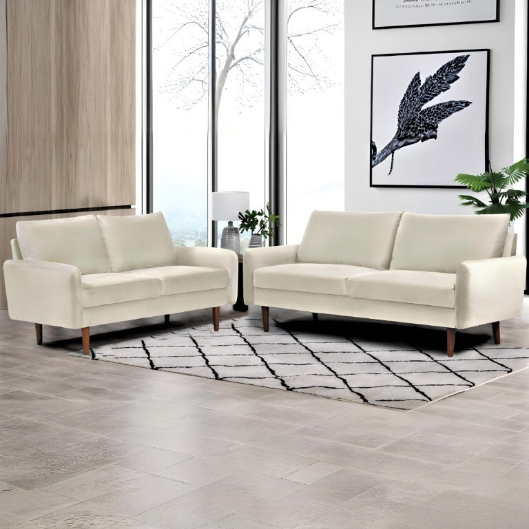English Elm 2 Piece Velvet Sofa and Loveseat Set with Tapered Wood Legs for Modern Living Rooms Ivory B2735S00101