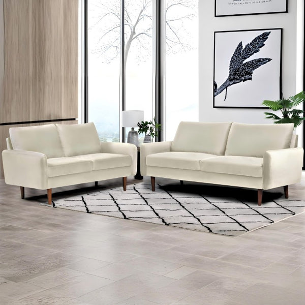English Elm 2 Piece Velvet Sofa and Loveseat Set with Tapered Wood Legs for Modern Living Rooms Ivory B2735S00101