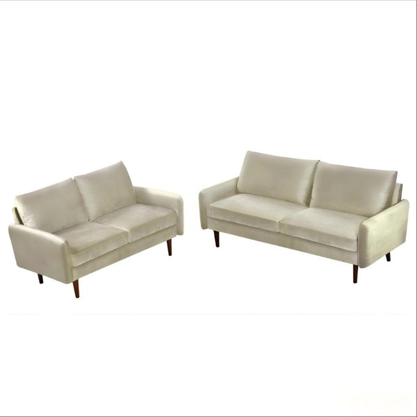 English Elm 2 Piece Velvet Sofa and Loveseat Set with Tapered Wood Legs for Modern Living Rooms Ivory B2735S00101