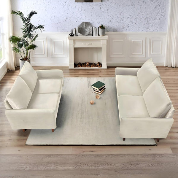 English Elm 2 Piece Velvet Sofa and Loveseat Set with Tapered Wood Legs for Modern Living Rooms Ivory B2735S00101