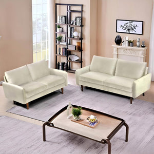 English Elm 2 Piece Velvet Sofa and Loveseat Set with Tapered Wood Legs for Modern Living Rooms Ivory B2735S00101