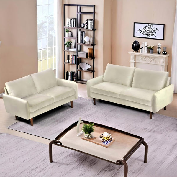 English Elm 2 Piece Velvet Sofa and Loveseat Set with Tapered Wood Legs for Modern Living Rooms Ivory B2735S00101