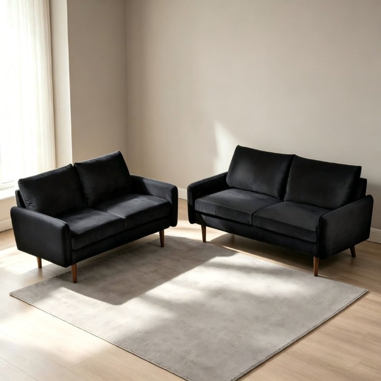 English Elm 2 Piece Velvet Sofa and Loveseat Set Mid-Century European Style with Tapered Wood Legs Black B2735S00102