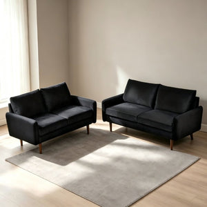 English Elm 2 Piece Velvet Sofa and Loveseat Set Mid-Century European Style with Tapered Wood Legs Black B2735S00102