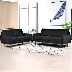 English Elm 2 Piece Velvet Sofa and Loveseat Set Mid-Century European Style with Tapered Wood Legs Black B2735S00102